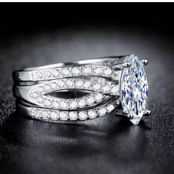 925Silver Marquise White Sapphire Wedding 3pc Ring - Picture 3 of 7